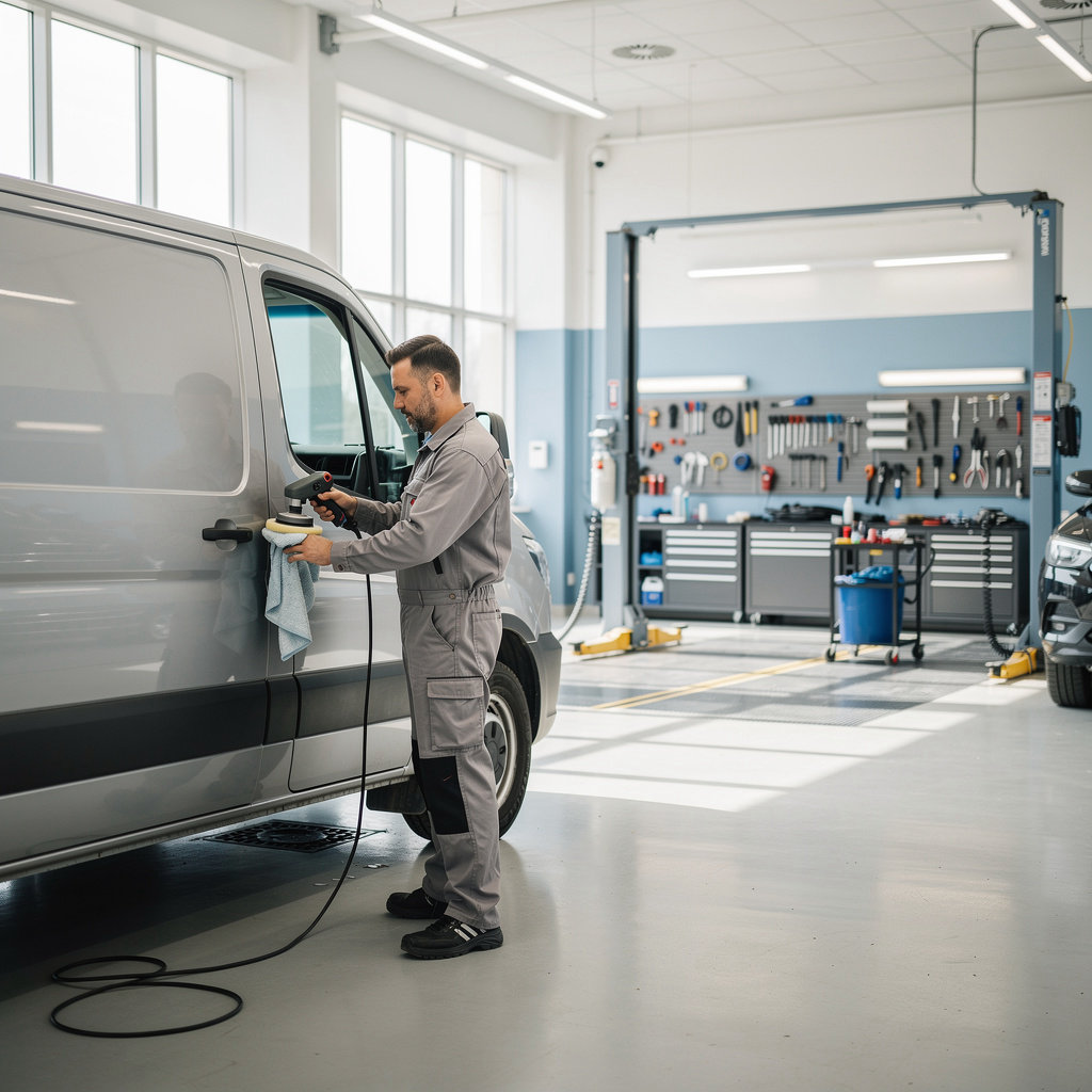 National Auto Body & Paint technician performing precise auto body repair in our Goleta shop